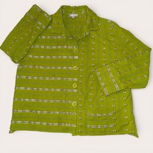 Habitat Women's Lagenlook Olive Green Textured Button Front Blouse Artsy Size M